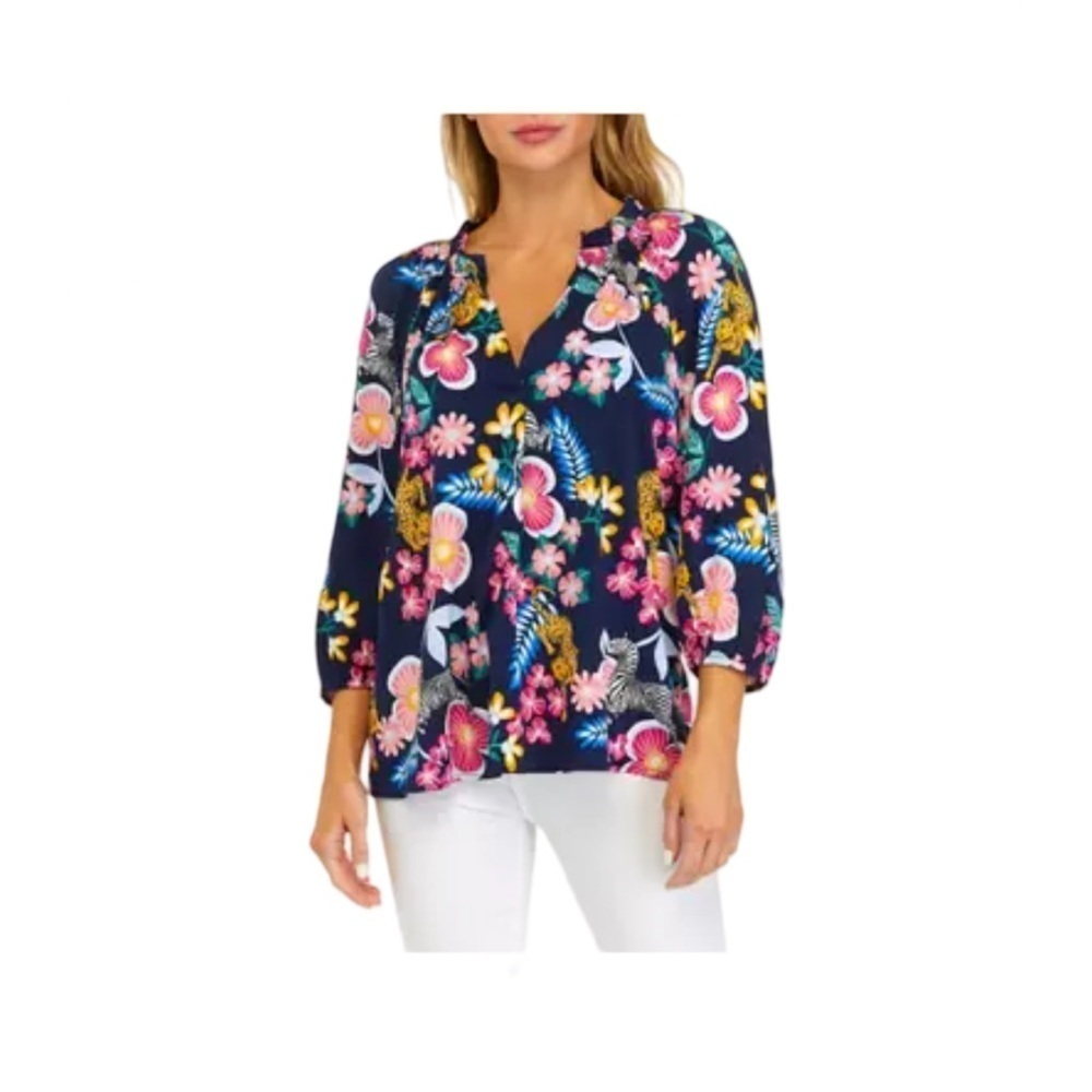 Crown & Ivy Navy Wild Animal Floral Peasant Blouse Top NWT Size XXL